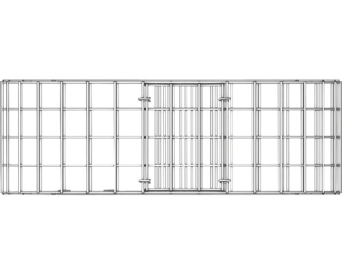 Draufsicht eines Containerrahmens mit Öffnungen und Verriegelungsmechanismen