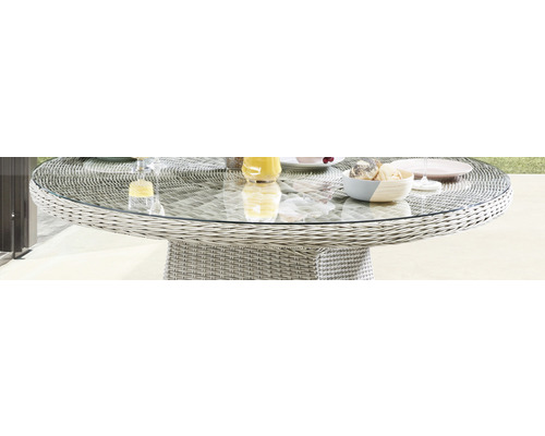 Runder Gartentisch mit Glasplatte und geflochtenem Sockel