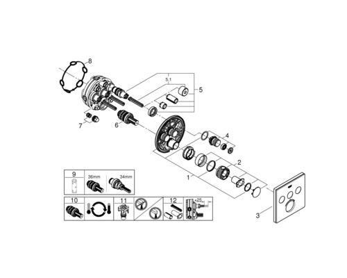 Vue éclatée d''un kit de montage de robinetterie de salle de bains avec différents composants