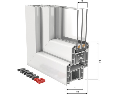 Coupe de profilé d''une fenêtre en plastique avec dimensions