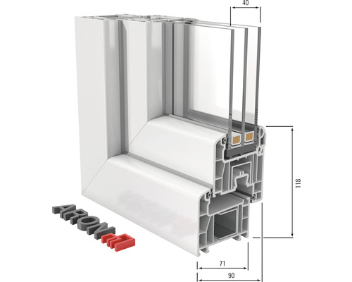 Fensterprofil aus Kunststoff mit Dreifachverglasung und Maßangaben