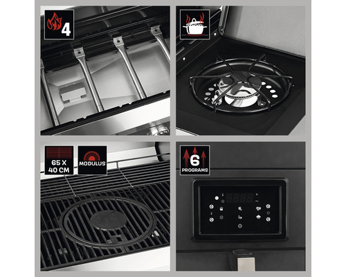Detailansicht eines Gasgrills mit vier Brennern, Kochfeld, Grillrost mit Modulus System und digitalem Bedienfeld mit sechs Programmen.