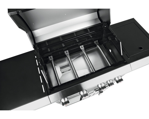 Gasgrill mit geöffnetem Deckel und Edelstahlbrennern