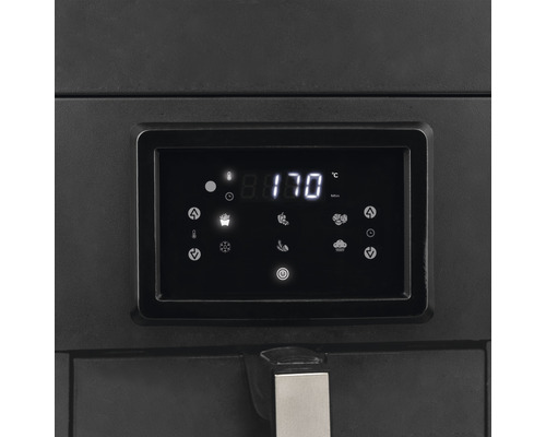 Bedienfeld einer Fritteuse mit digitaler Anzeige und verschiedenen Symbolen für Funktionen.