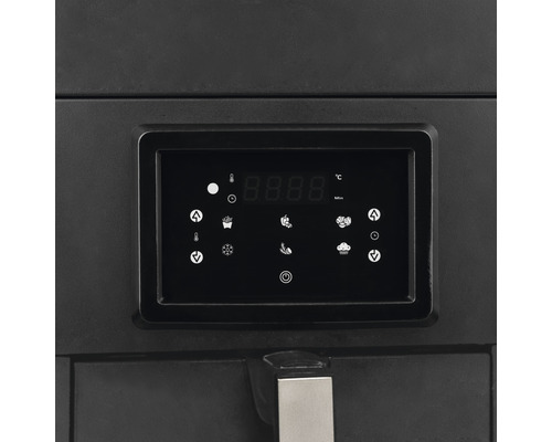 Bedienfeld einer Fritteuse mit Display, Temperaturanzeige und verschiedenen Symbolen für Einstellungen.