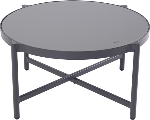 Table de jardin ronde avec plateau en verre et structure en métal