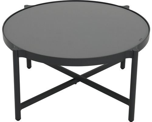Table basse ronde avec plateau en verre et structure en métal