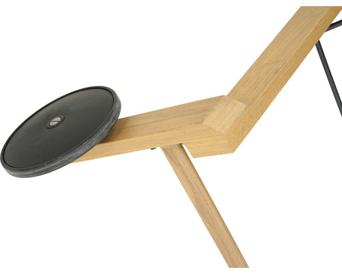 Vue détaillée d''une table d''appoint avec un plateau rond et noir et un piètement en bois