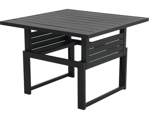 Table de jardin carrée avec design à lamelles en métal.