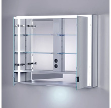 Armoire de toilette ouverte avec étagères en verre et éclairage