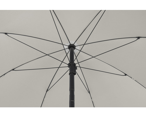 Ansicht von unten eines geöffneten Sonnenschirms mit Streben und Mast