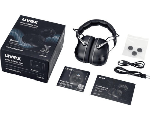 Uvex aXess one Kapselgehörschützer mit Zubehör und Verpackung