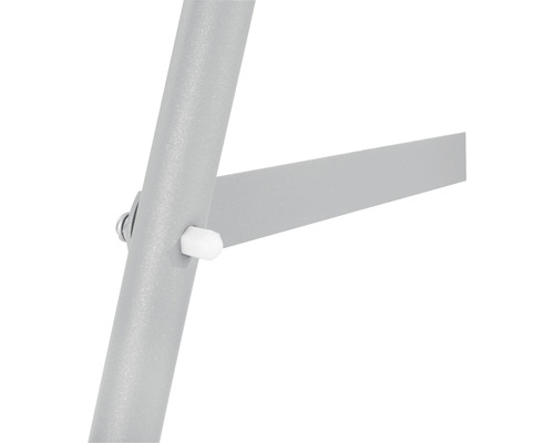 Detailansicht eines grauen Metallstuhlbeins mit Schraube und weißem Stopper