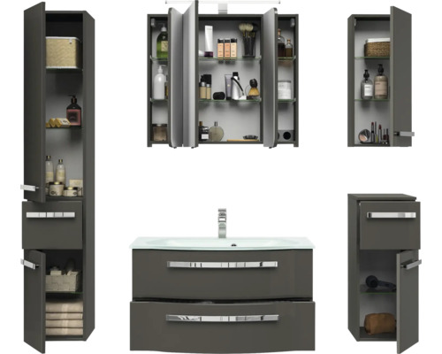 Komplette Badezimmereinrichtung mit Waschtischunterschrank, Waschbecken, Spiegelschrank, Hochschrank und Seitenschrank für das Badezimmer