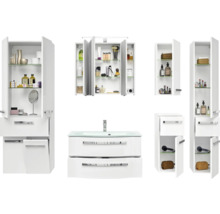 Badezimmer-Set mit Waschbeckenunterschrank, Spiegelschrank und Hochschränken in Weiß