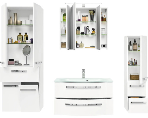 Badezimmerensemble mit Waschtischunterschrank, Spiegelschrank und Hochschränken