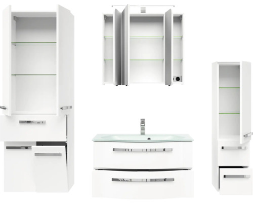 Badezimmerset mit Waschbeckenunterschrank, Spiegelschrank und Hochschränken