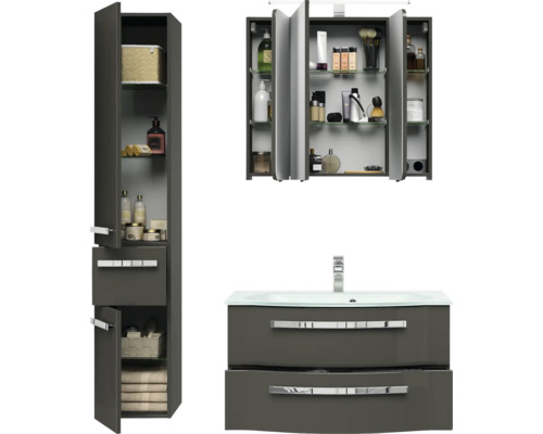 Badezimmer-Set mit Waschtischunterschrank, Spiegelschrank und Hochschrank zur Badeinrichtung