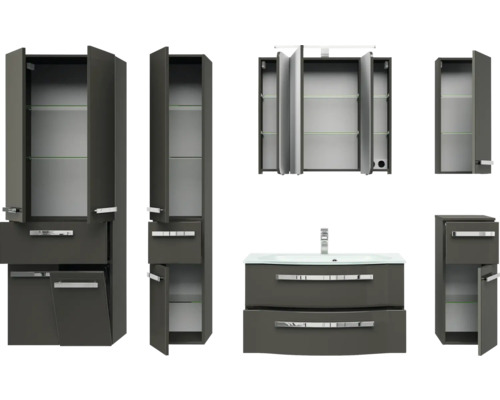 Badezimmermöbel Set mit Waschtisch, Spiegelschrank und Hochschränken