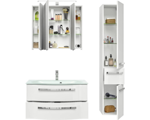 Badezimmerensemble mit Spiegelschrank, Waschtischunterschrank und Hochschrank