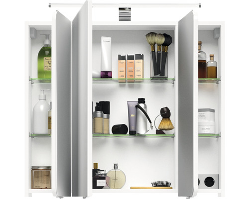 Weißer Spiegelschrank mit Glasböden und diversen Badartikeln