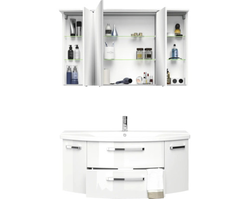 Waschtisch mit Unterschrank und Spiegelschrank für das Badezimmer.
