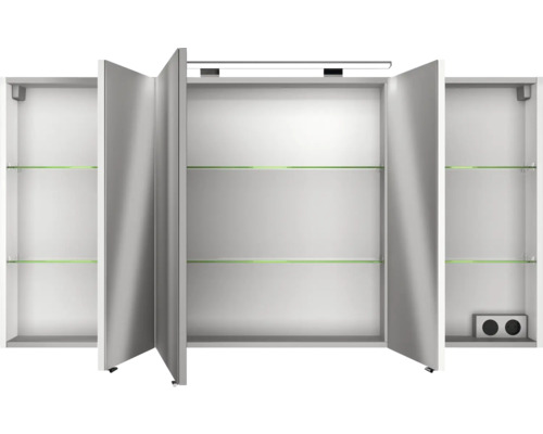 Offener Spiegelschrank mit Glasböden und Beleuchtung.