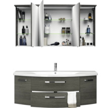 Badezimmer mit Waschtischunterschrank und Spiegelschrank zur Aufbewahrung von Badartikeln
