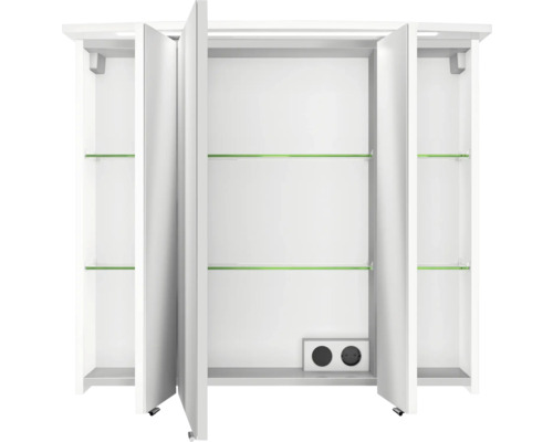 Weißer Spiegelschrank mit drei Türen, Glaseinlegeböden und Steckdosen