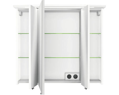 Armoire de toilette avec trois portes, étagères en verre et prises électriques
