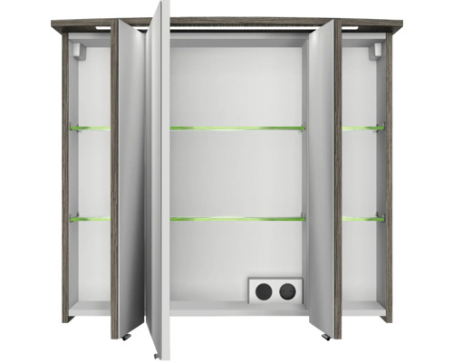 Offener Spiegelschrank mit Glasböden und Steckdosen