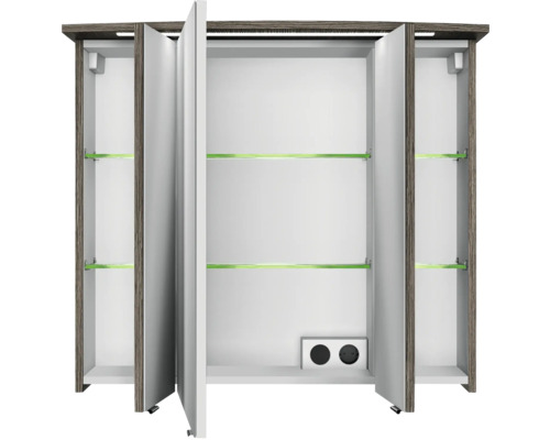 Offener Spiegelschrank mit Einlegeböden und Steckdosen