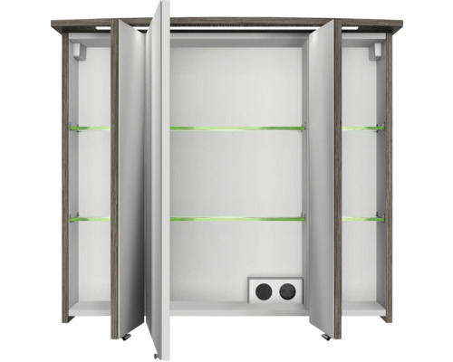 Offener Spiegelschrank mit Einlegeböden und Steckdosen