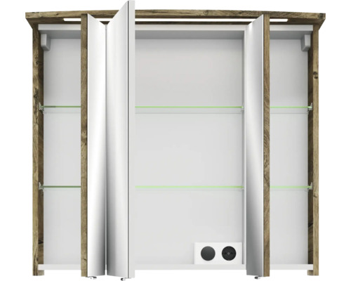 Offener Spiegelschrank mit Holzrahmen und Glasablagen