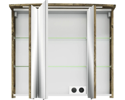 Offener Spiegelschrank mit Holzelementen und Glasablagen für das Badezimmer