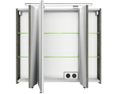 Offener Spiegelschrank mit drei Türen, Innenbeleuchtung und Steckdosen