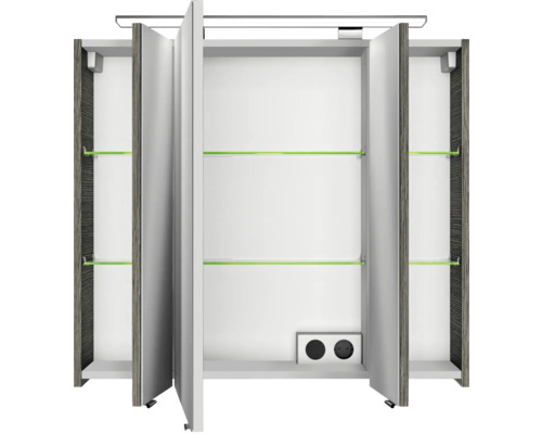 Armoire de toilette ouverte avec étagères et prises