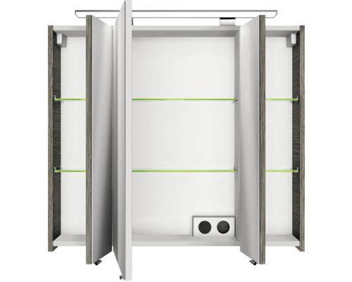 Offener Spiegelschrank mit Glasablagen und Steckdosen für das Badezimmer