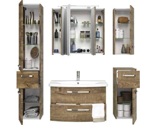 Badezimmersatz mit Waschtisch, Spiegelschrank und Hochschränken im Holzdesign