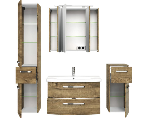 Badezimmerset mit Waschbeckenunterschrank, Spiegelschrank und Hochschränken