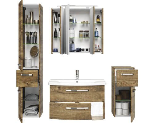 Badezimmer Set mit Waschbeckenunterschrank, Spiegelschrank und Hochschrank