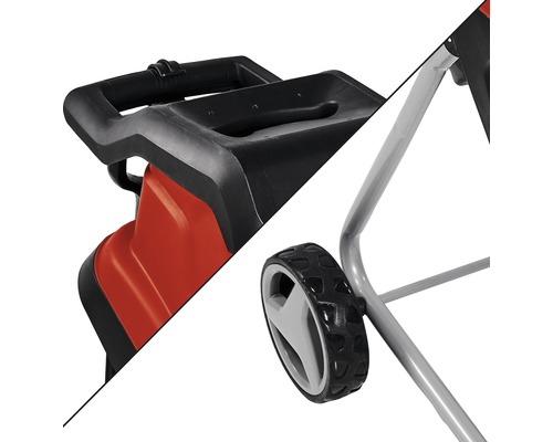 Detailansicht eines Gartenhäckslers mit Griff und Rad