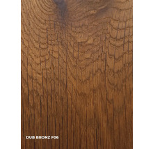 Nahaufnahme einer Holzoberfläche in Bronze-Optik mit der Bezeichnung Dub Bronz F06
