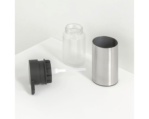 Distributeur de savon démonté en métal, plastique et verre