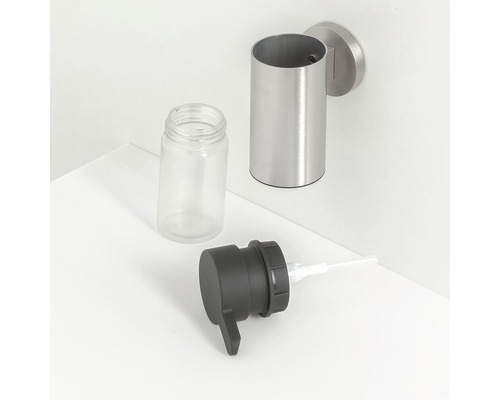 Distributeur de savon mural en acier inoxydable avec récipient en verre vide et tête de distribution noire