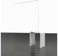 Écran transparent en verre acrylique à côté d’un tabouret blanc