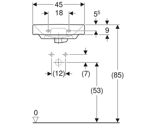 Schéma technique d''un lavabo avec dimensions.