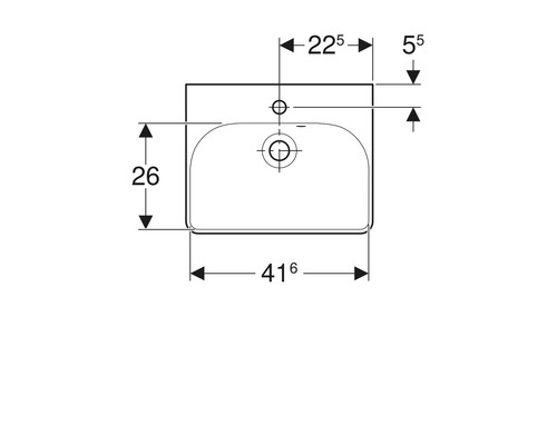 Schéma coté d''un lavabo avec des dimensions de 416 mm de large, 26 mm de profondeur et 225 mm d''espacement