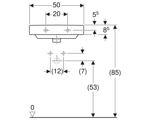 Dessin technique avec cotes pour un lavabo