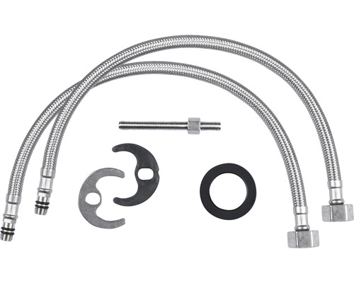 Anschluss-Set für Waschtische bestehend aus zwei Panzerschläuchen, Gewindestange, Rosetten und Dichtungen